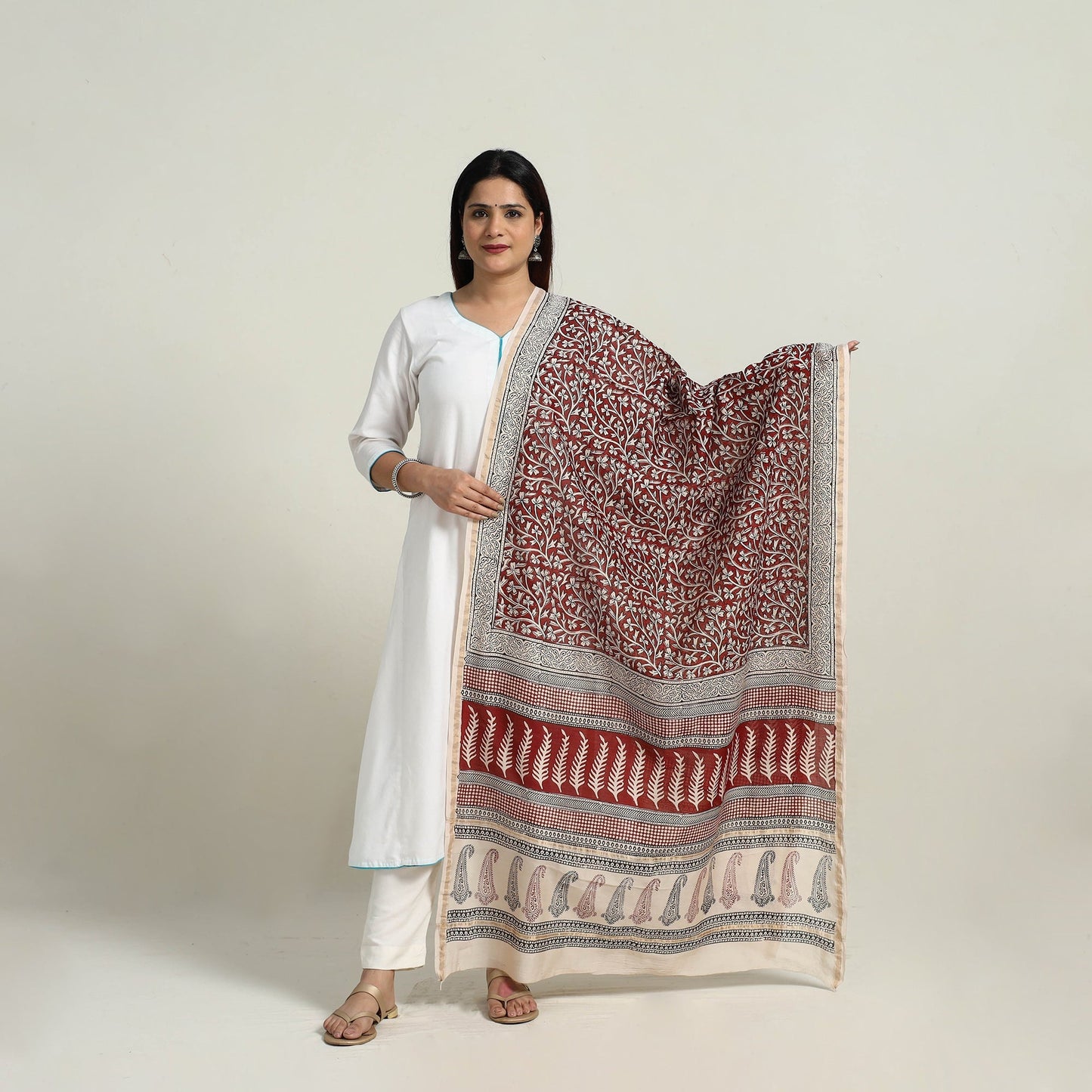 Red Natural Dyed Hand Block Print Chanderi Silk Bagh Dupatta