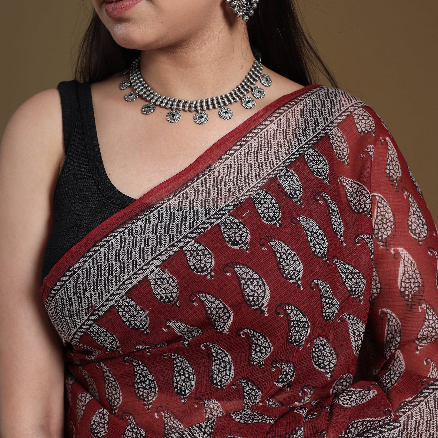 Red Block Print Natural Dyed Kota Doria Cotton Bagh Saree