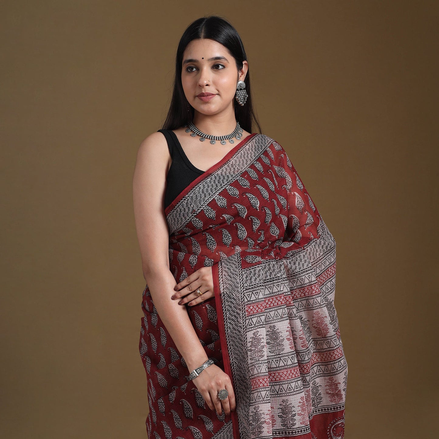 Red Block Print Natural Dyed Kota Doria Cotton Bagh Saree