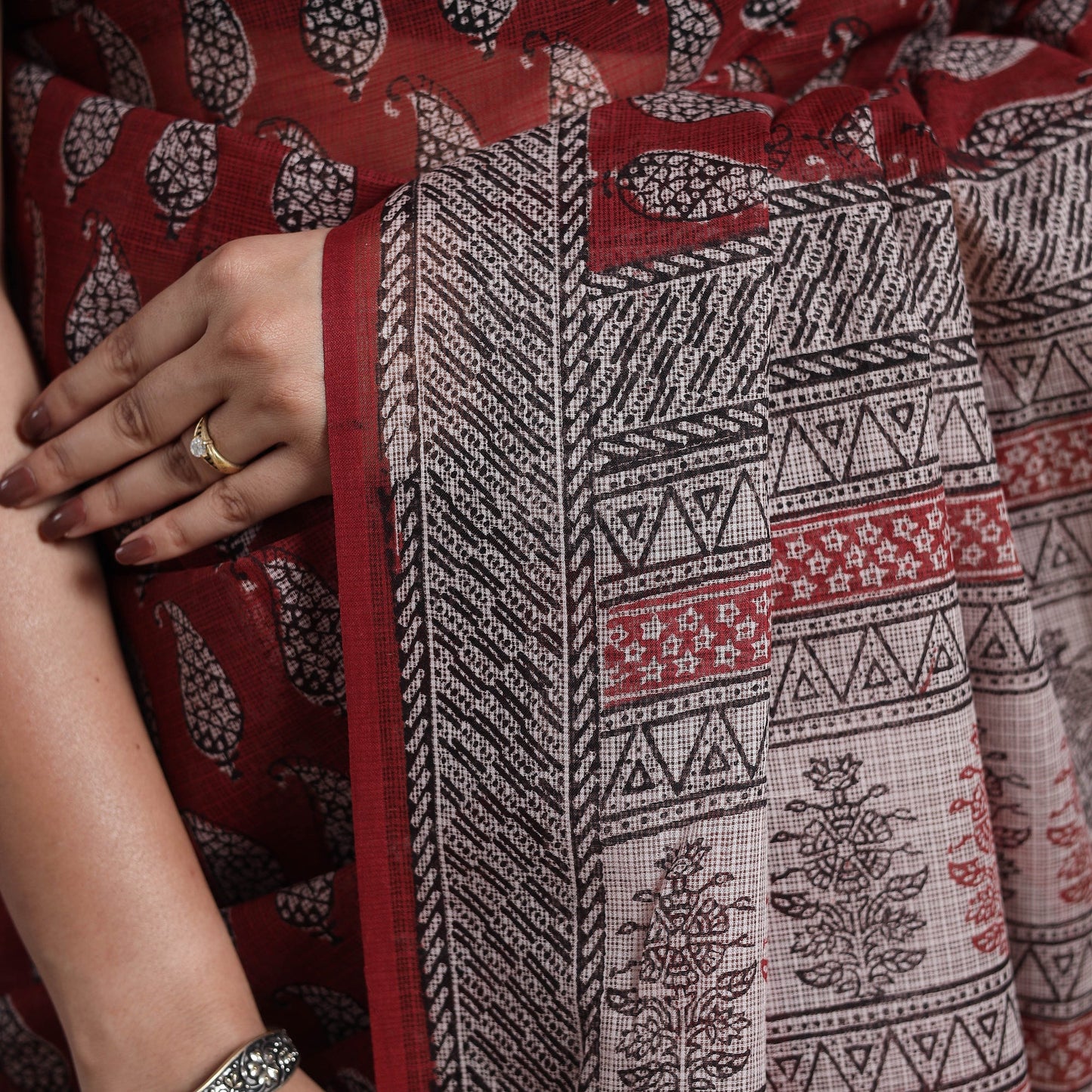 Red Block Print Natural Dyed Kota Doria Cotton Bagh Saree