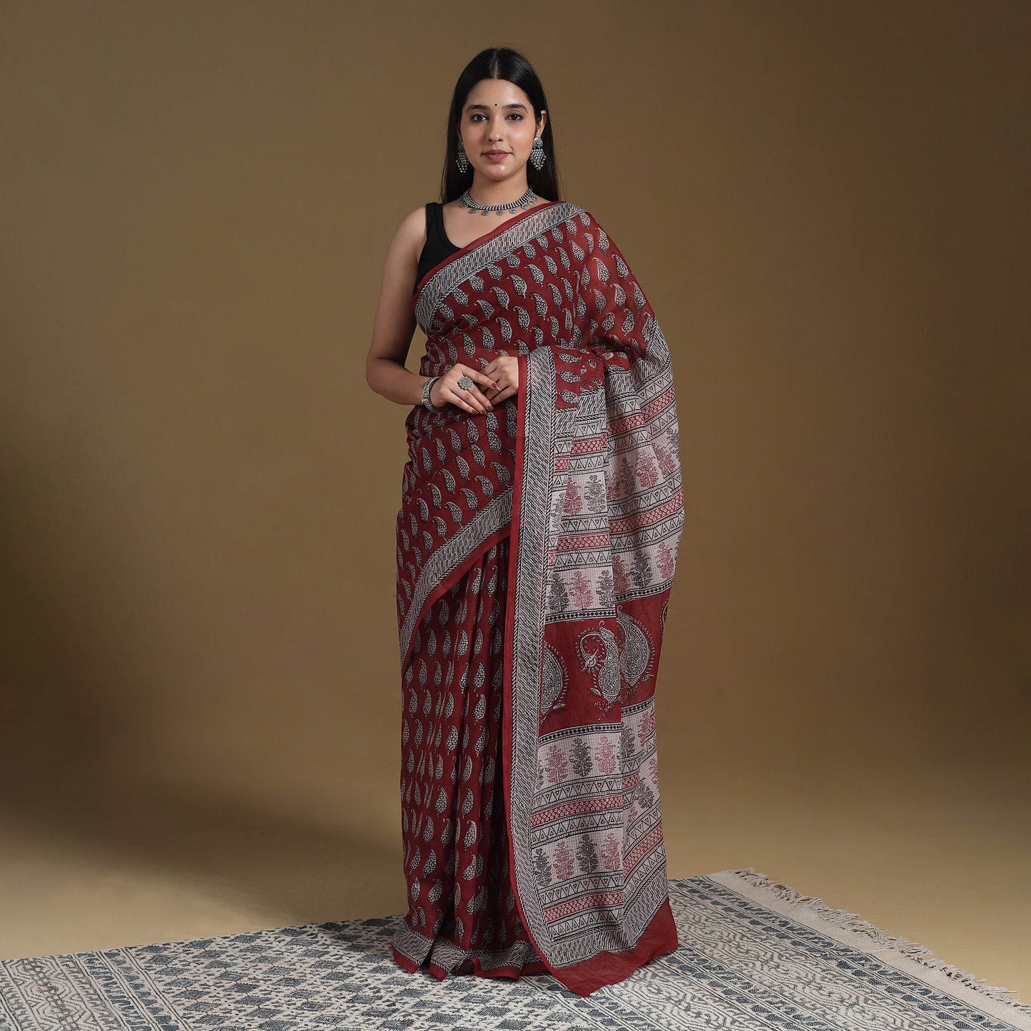 Red Block Print Natural Dyed Kota Doria Cotton Bagh Saree