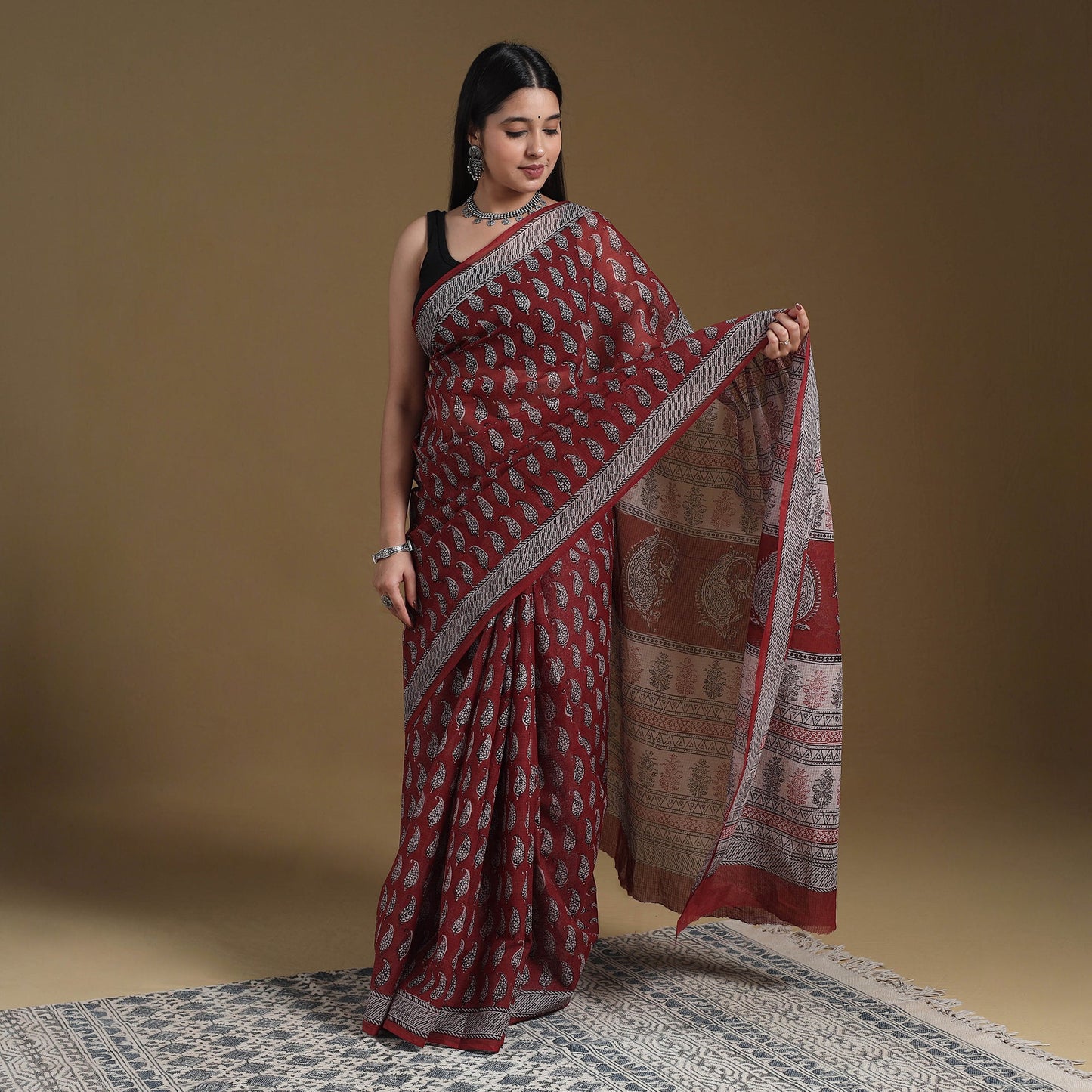 Red Block Print Natural Dyed Kota Doria Cotton Bagh Saree