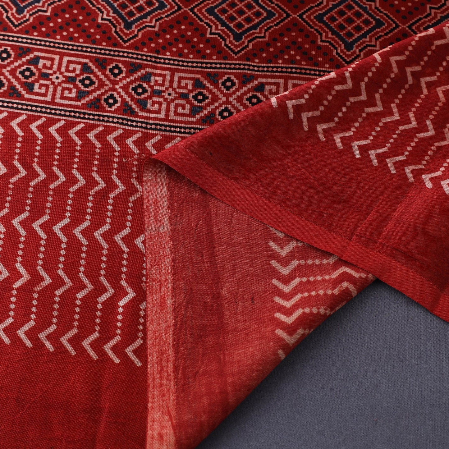 Red Natural Dyed Mashru Silk Ajrakh Print Fabric