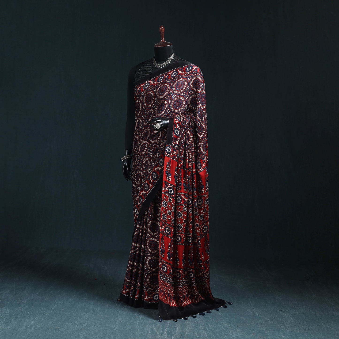 Natural dyed modal silk kutch hand block print ajrakh saree