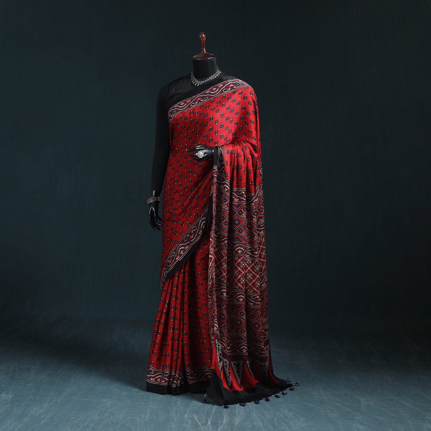 Natural dyed modal silk kutch hand block print ajrakh saree