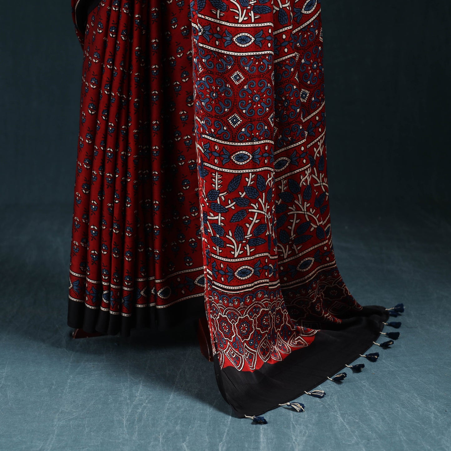 Natural dyed modal silk kutch hand block print ajrakh saree