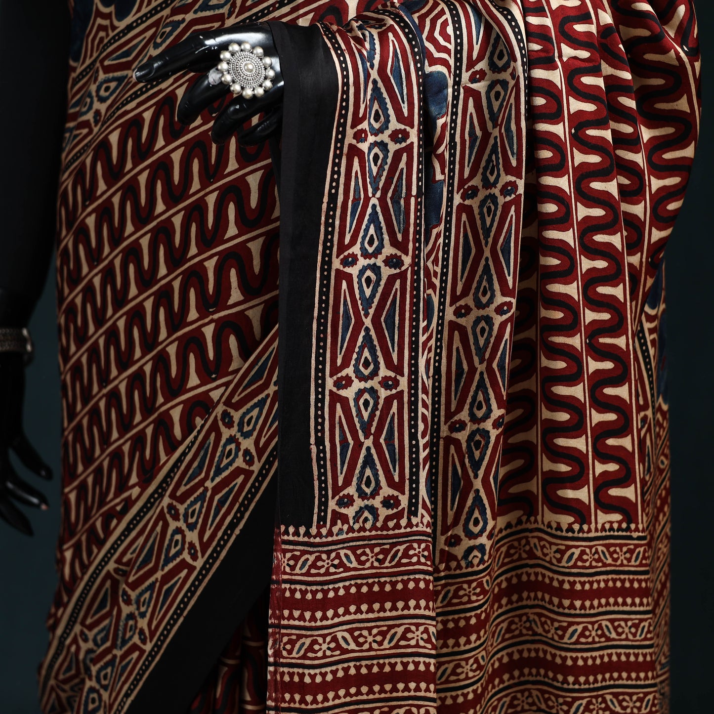 Natural dyed modal silk kutch hand block print ajrakh saree