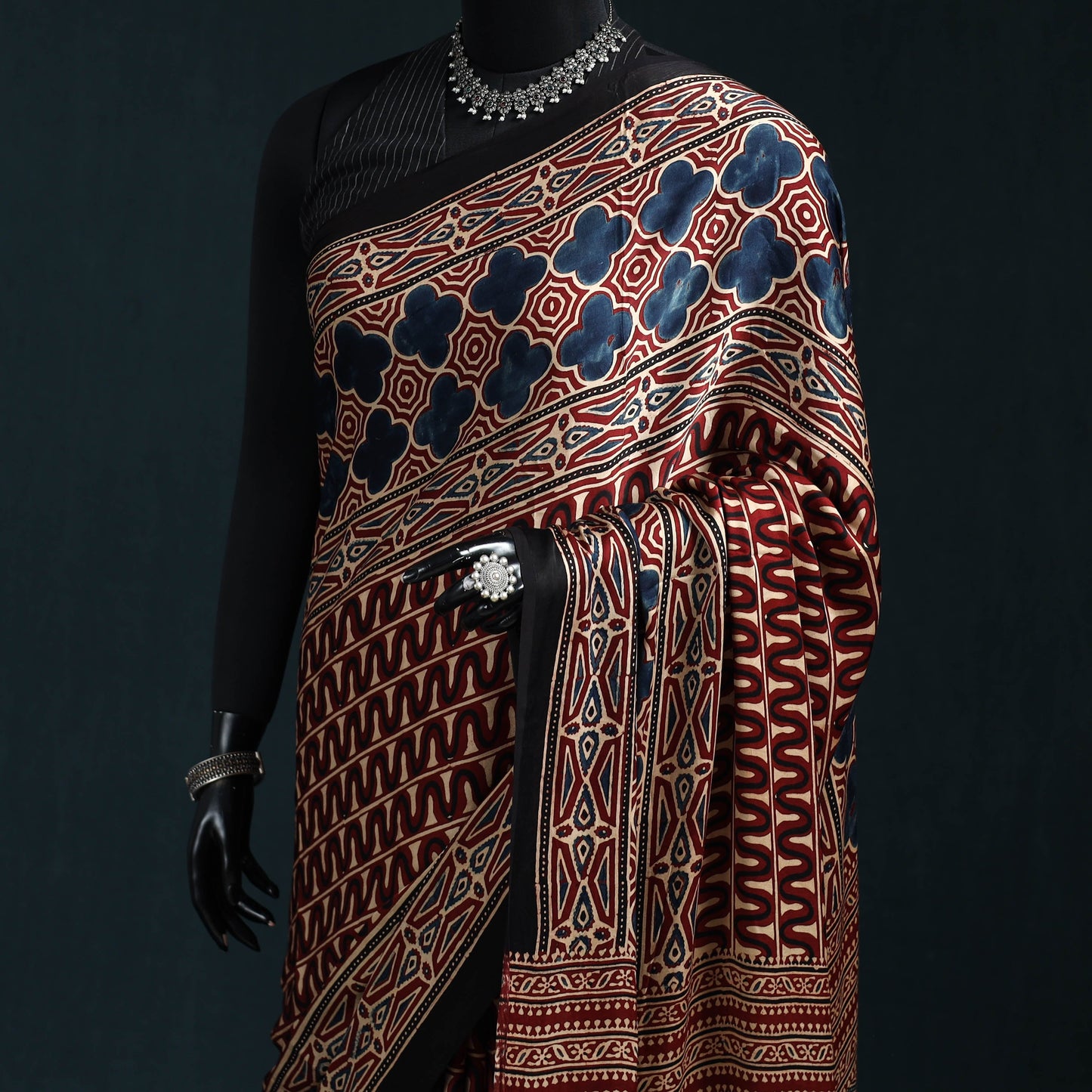 Natural dyed modal silk kutch hand block print ajrakh saree