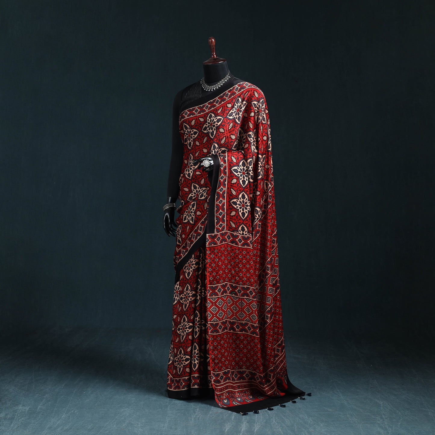 Natural dyed modal silk kutch hand block print ajrakh saree
