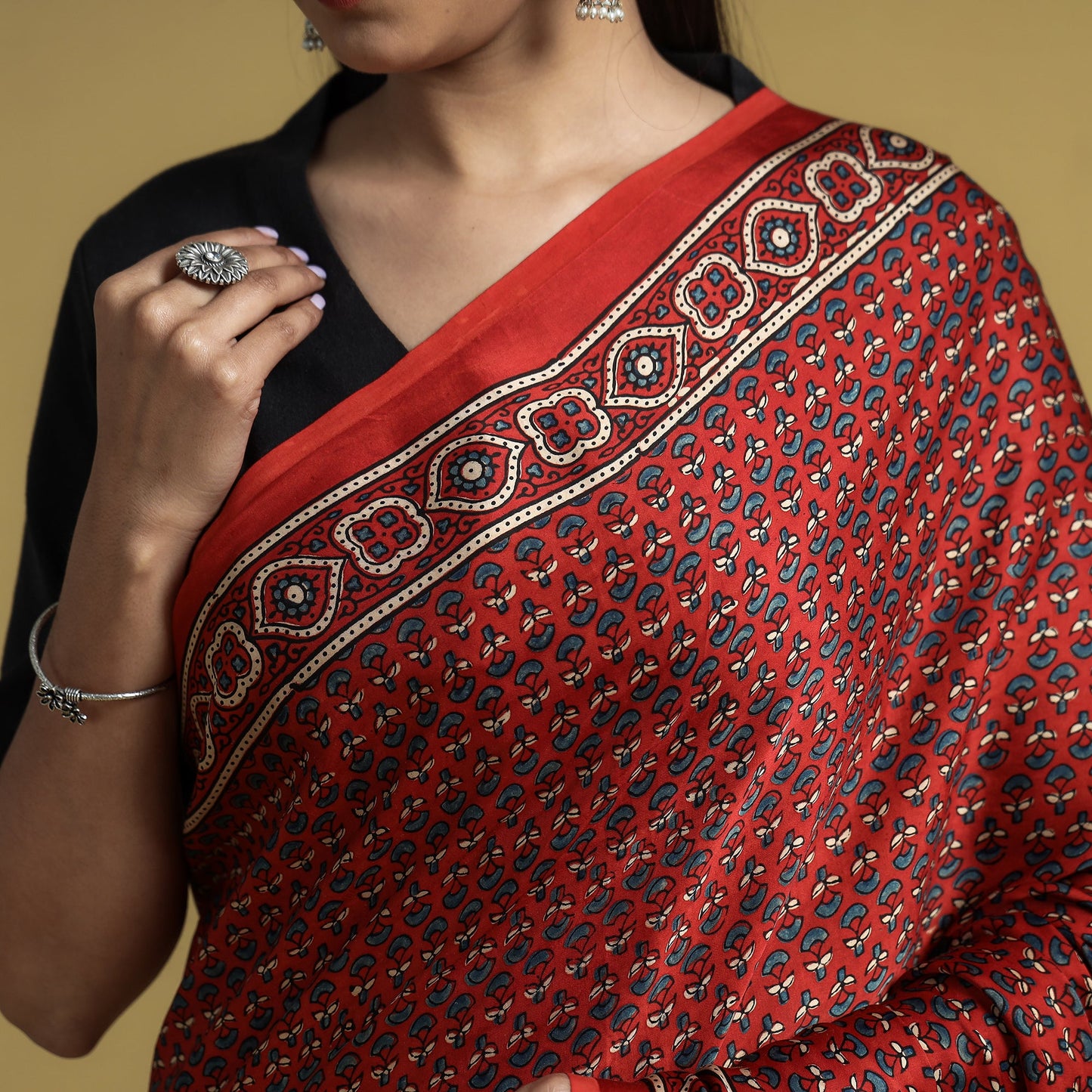 Natural Dyed Block Print Modal Silk Ajrakh Saree