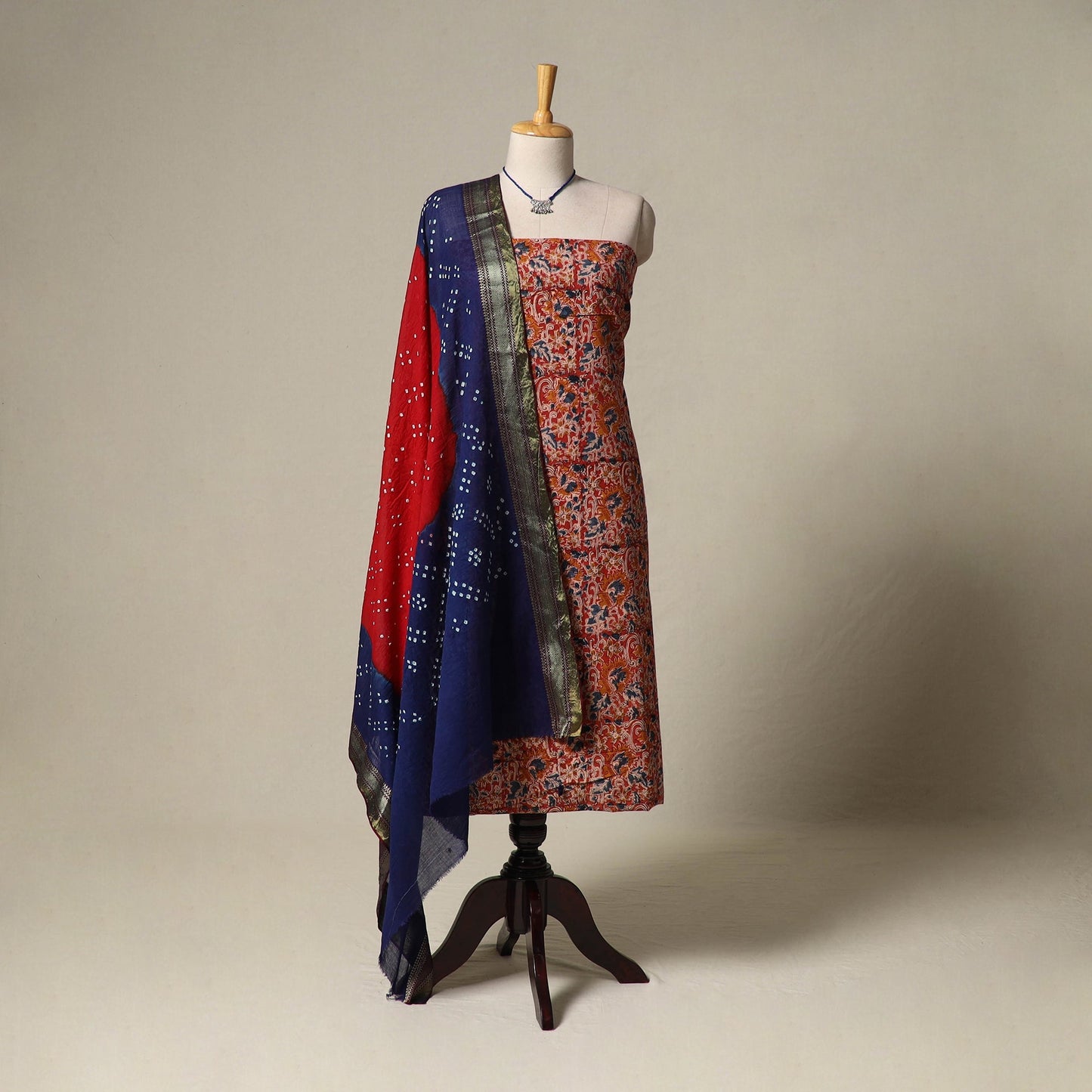 Natural dyed pedana kalamkari hand block print cotton 2pc