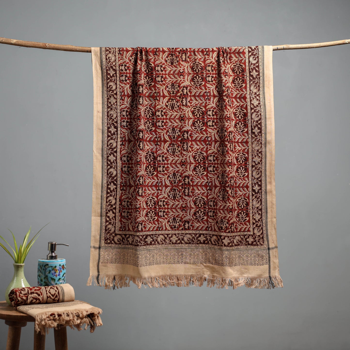 Natural dyed pedana kalamkari printed handloom cotton towel