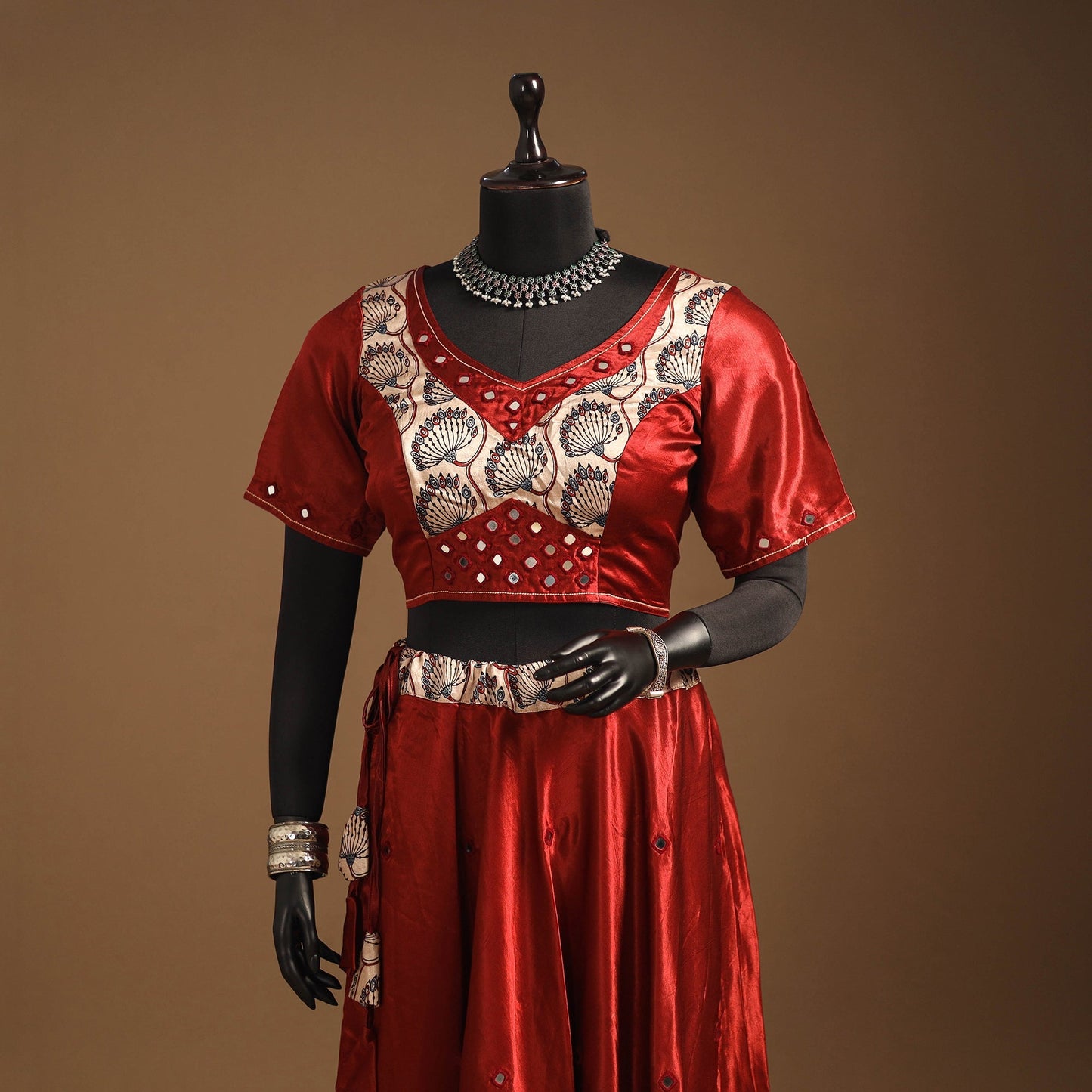 Red Navratri Garba Chaniya Choli Set in Mashru Silk with Ajrakh Patch