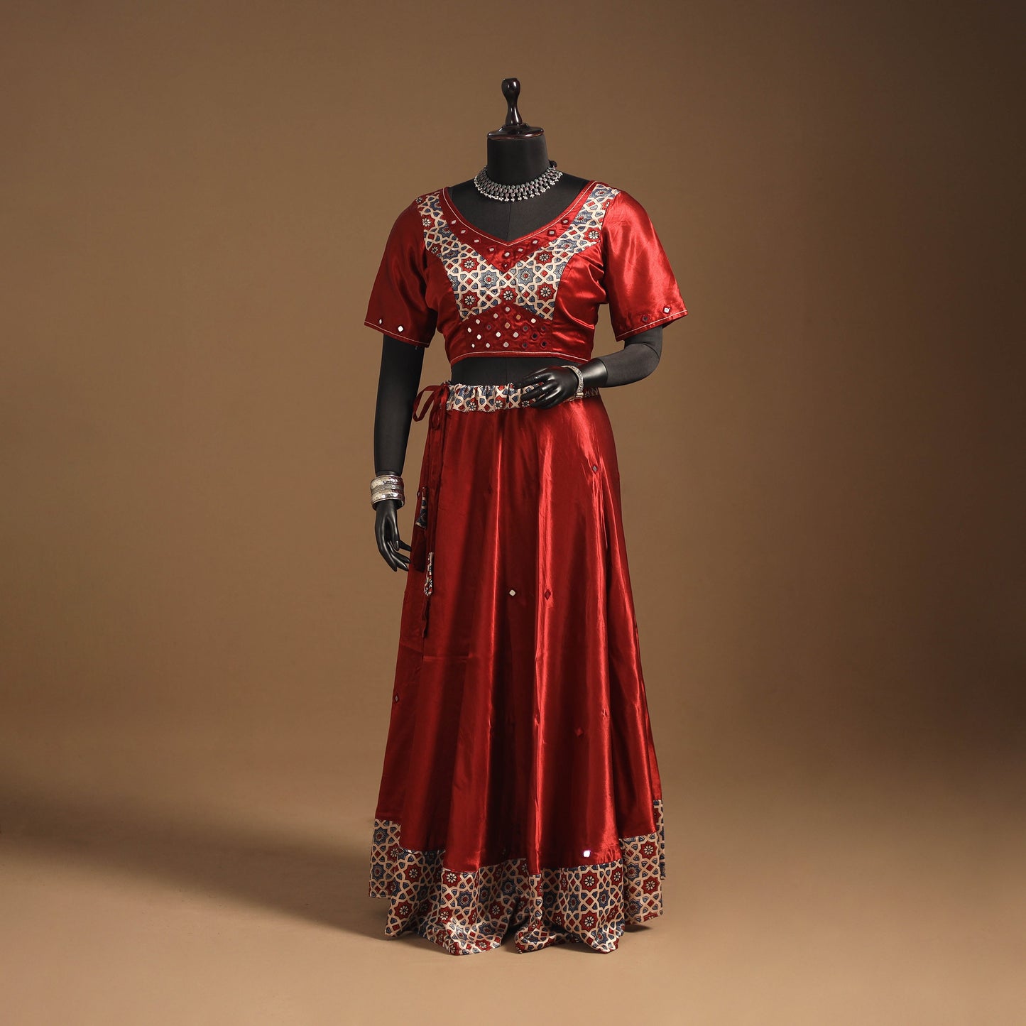 Red Navratri Garba Chaniya Choli Set in Mashru Silk with Ajrakh Patch