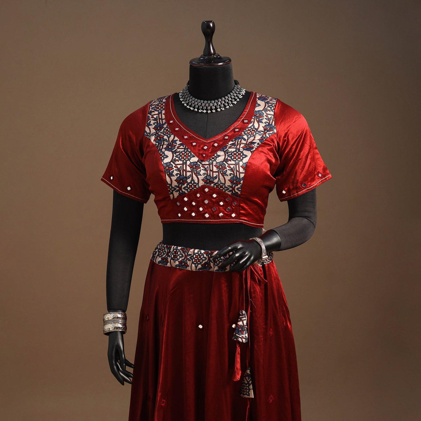 Red Navratri Garba Chaniya Choli Set in Mashru Silk with Ajrakh Patch