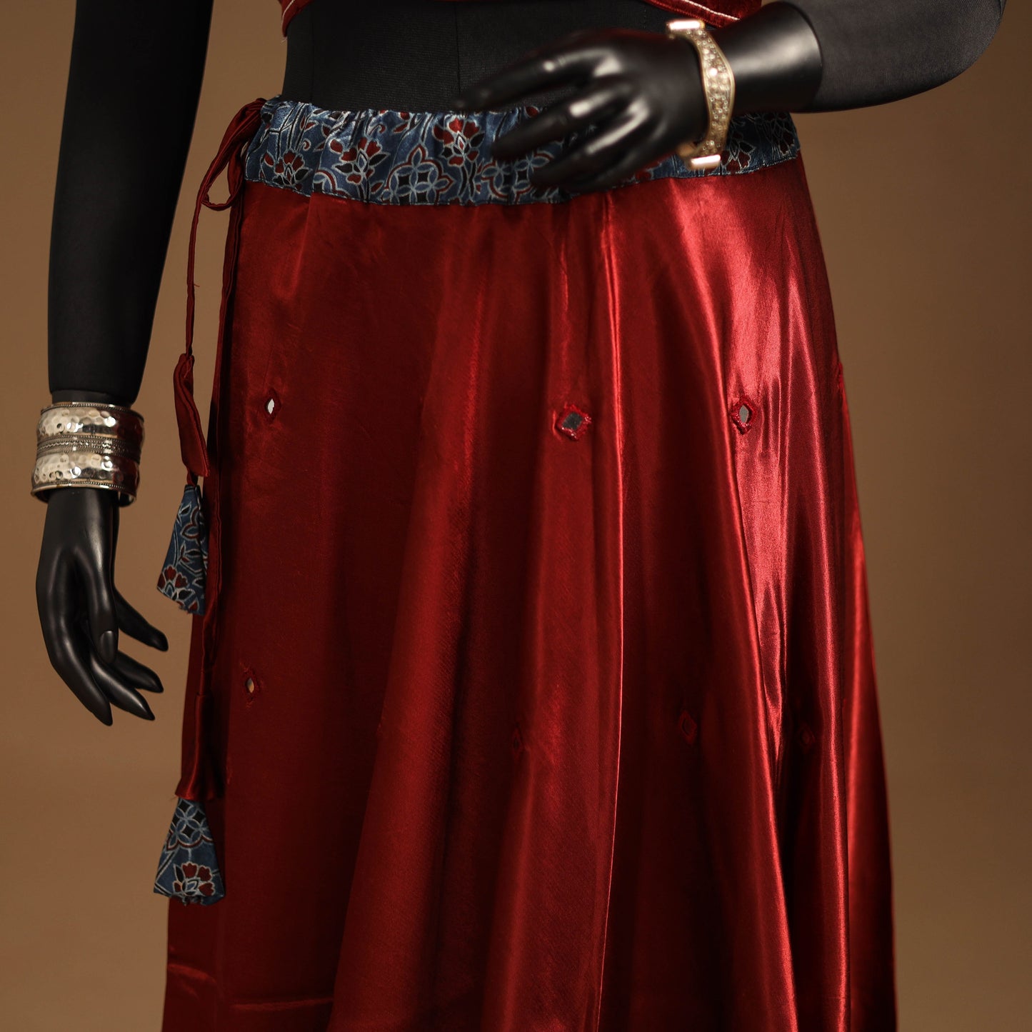 Red Navratri Garba Chaniya Choli Set in Mashru Silk with Ajrakh Patch