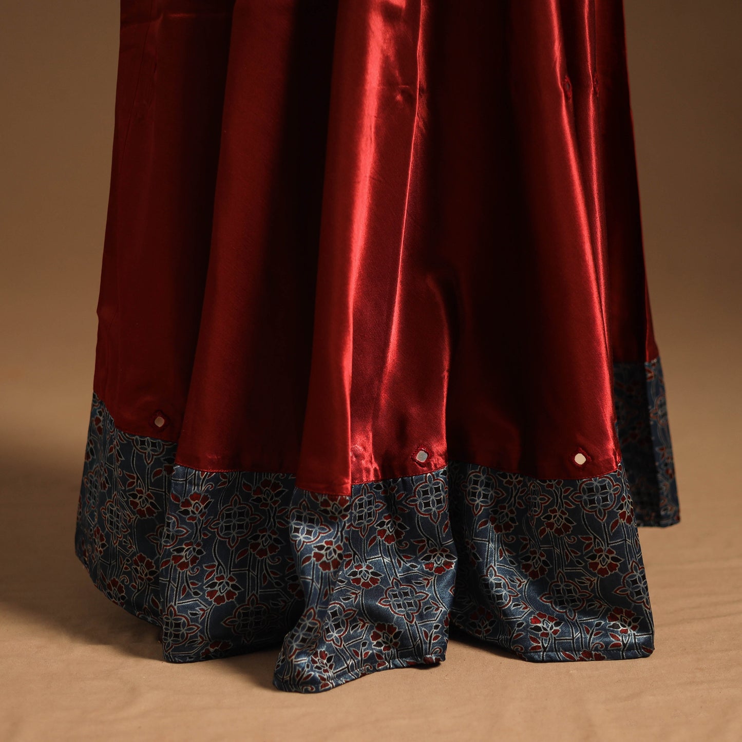Red Navratri Garba Chaniya Choli Set in Mashru Silk with Ajrakh Patch