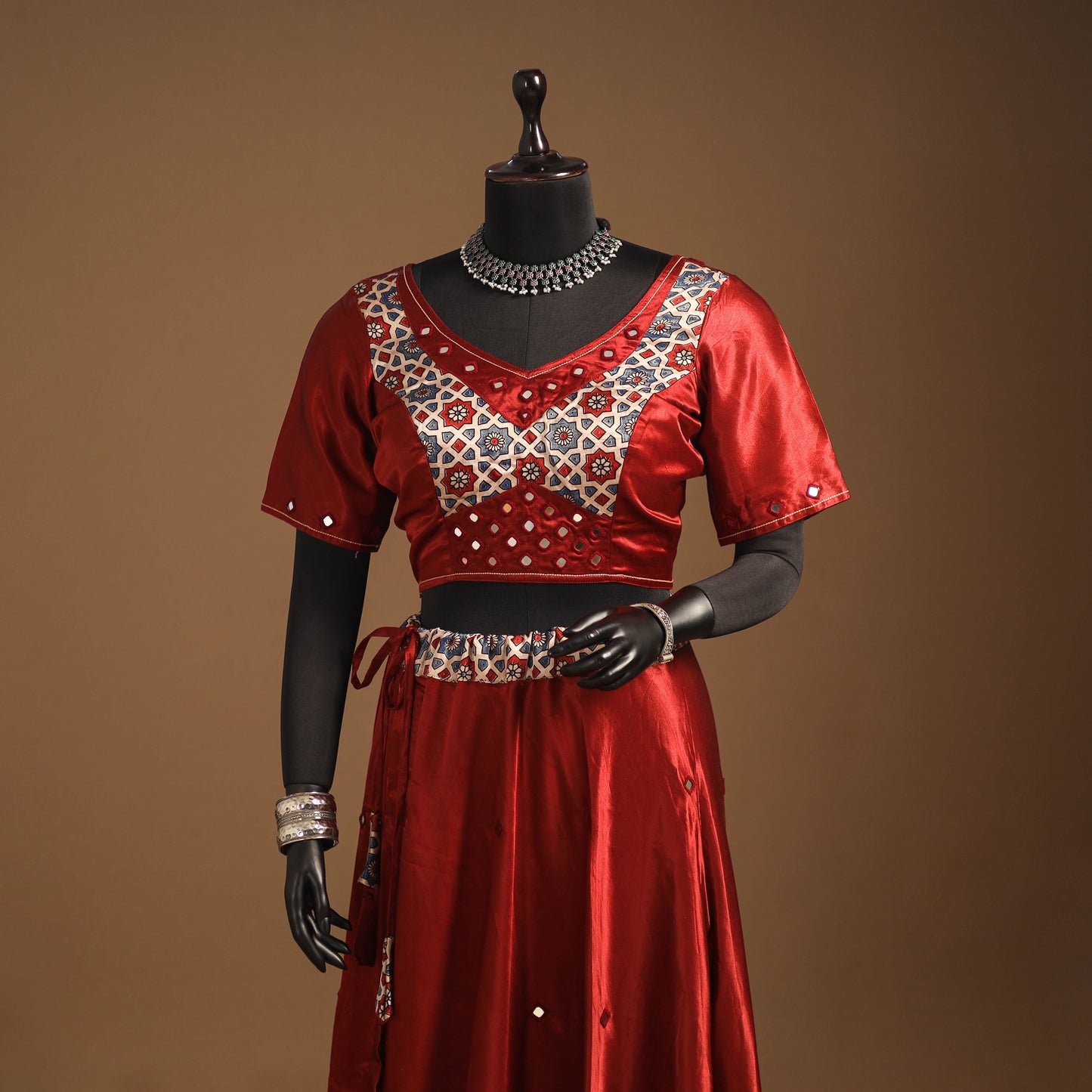 Red Navratri Garba Chaniya Choli Set in Mashru Silk with Ajrakh Patch
