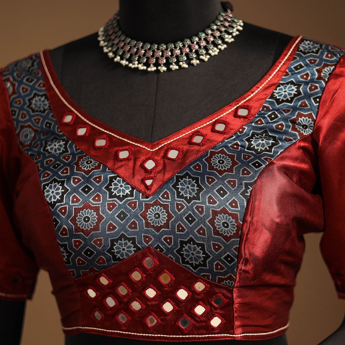 Red Navratri Garba Chaniya Choli Set in Mashru Silk with Ajrakh Patch