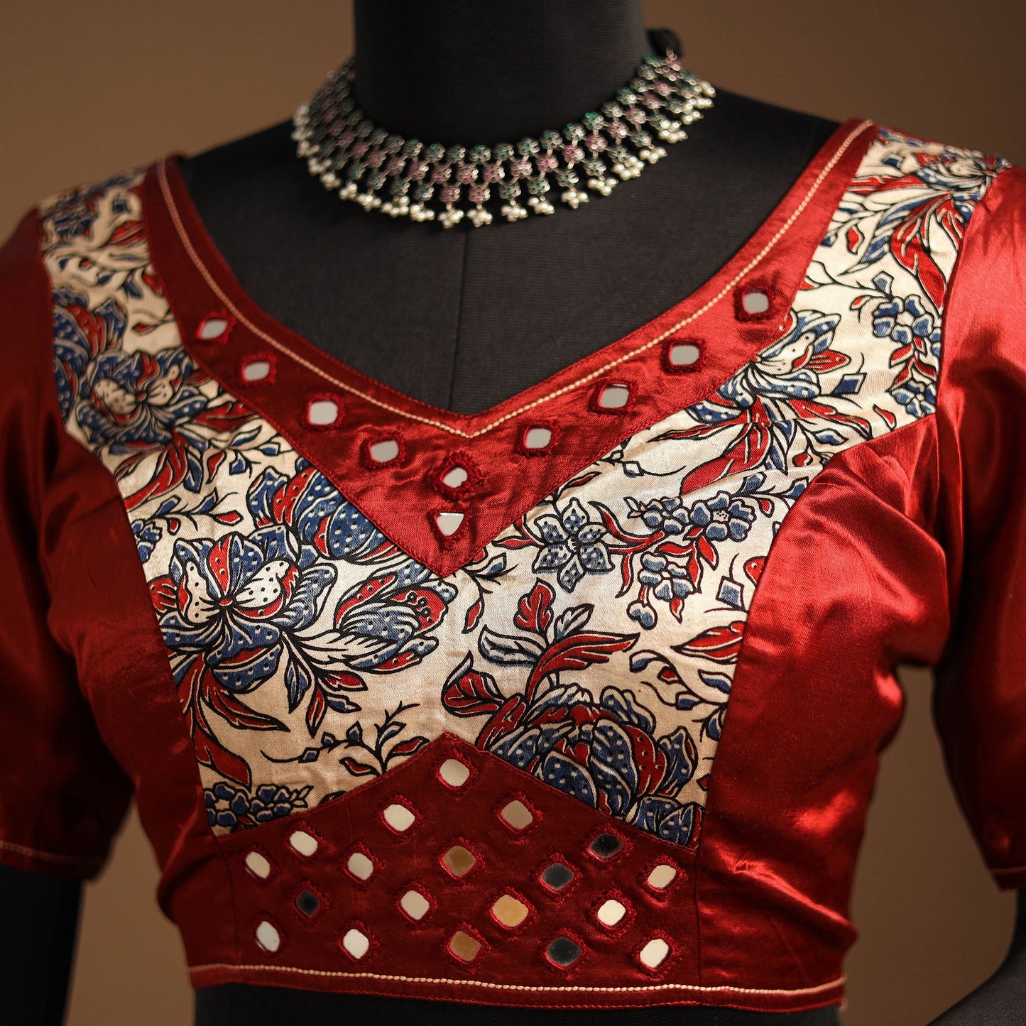 Red Navratri Garba Chaniya Choli Set in Mashru Silk with Ajrakh Patch