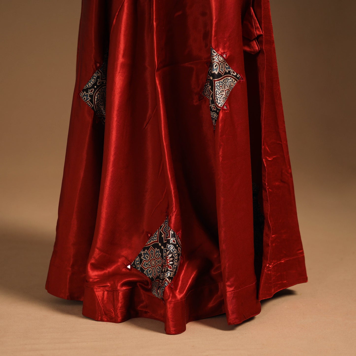 Red Navratri Garba Chaniya Choli Set in Mashru Silk with Ajrakh Patch