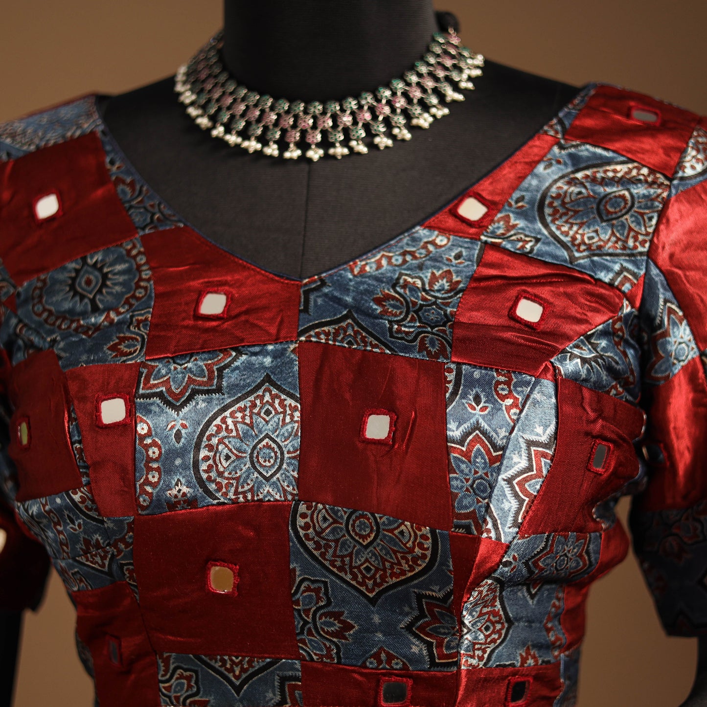 Red Navratri Garba Chaniya Choli Set in Mashru Silk with Ajrakh Patch