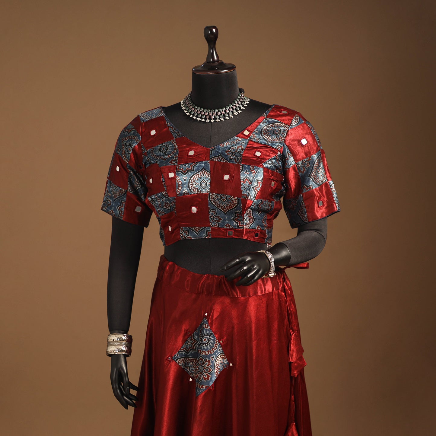 Red Navratri Garba Chaniya Choli Set in Mashru Silk with Ajrakh Patch