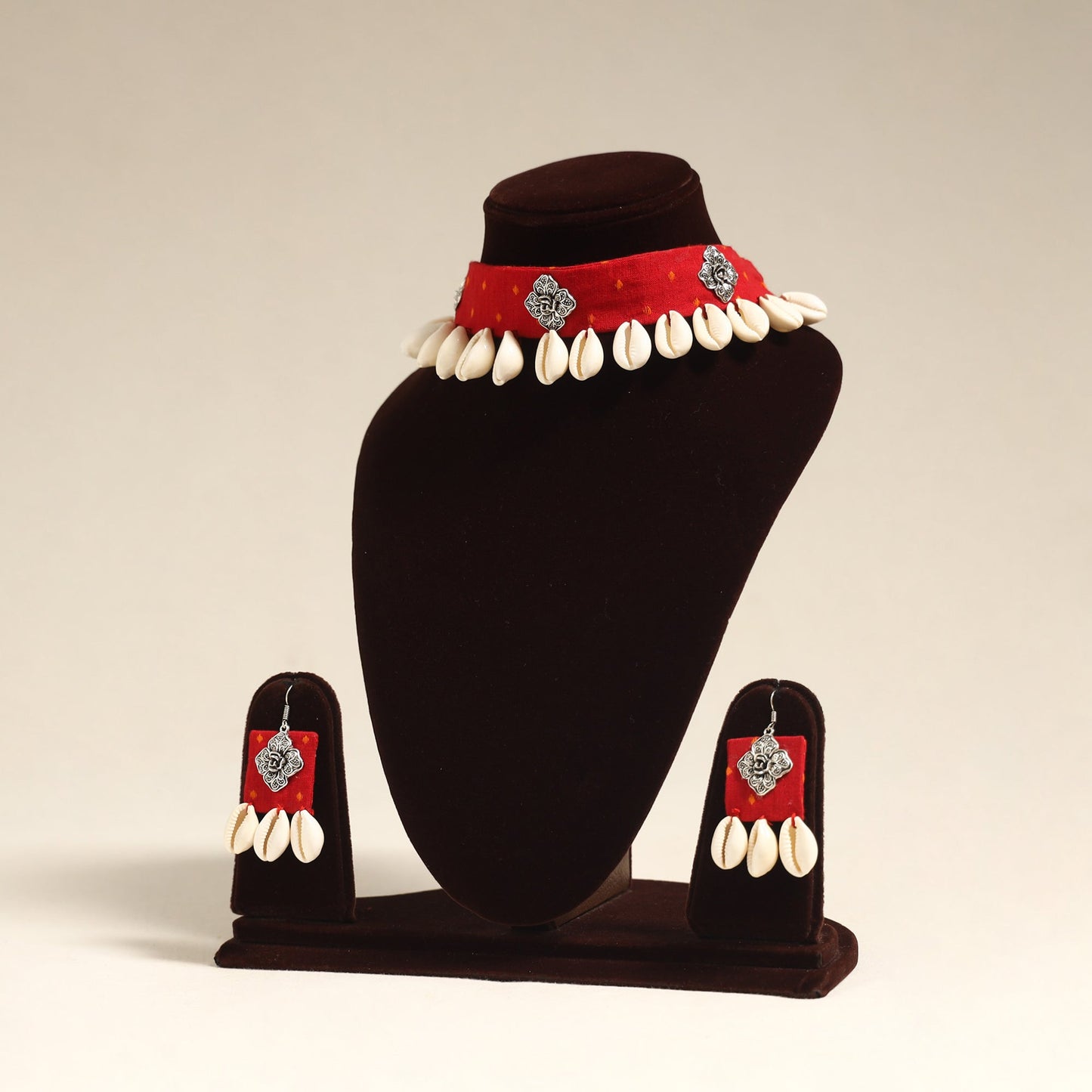 Navratri Special! Red Fabart German Silver & Shell Work Necklace Set