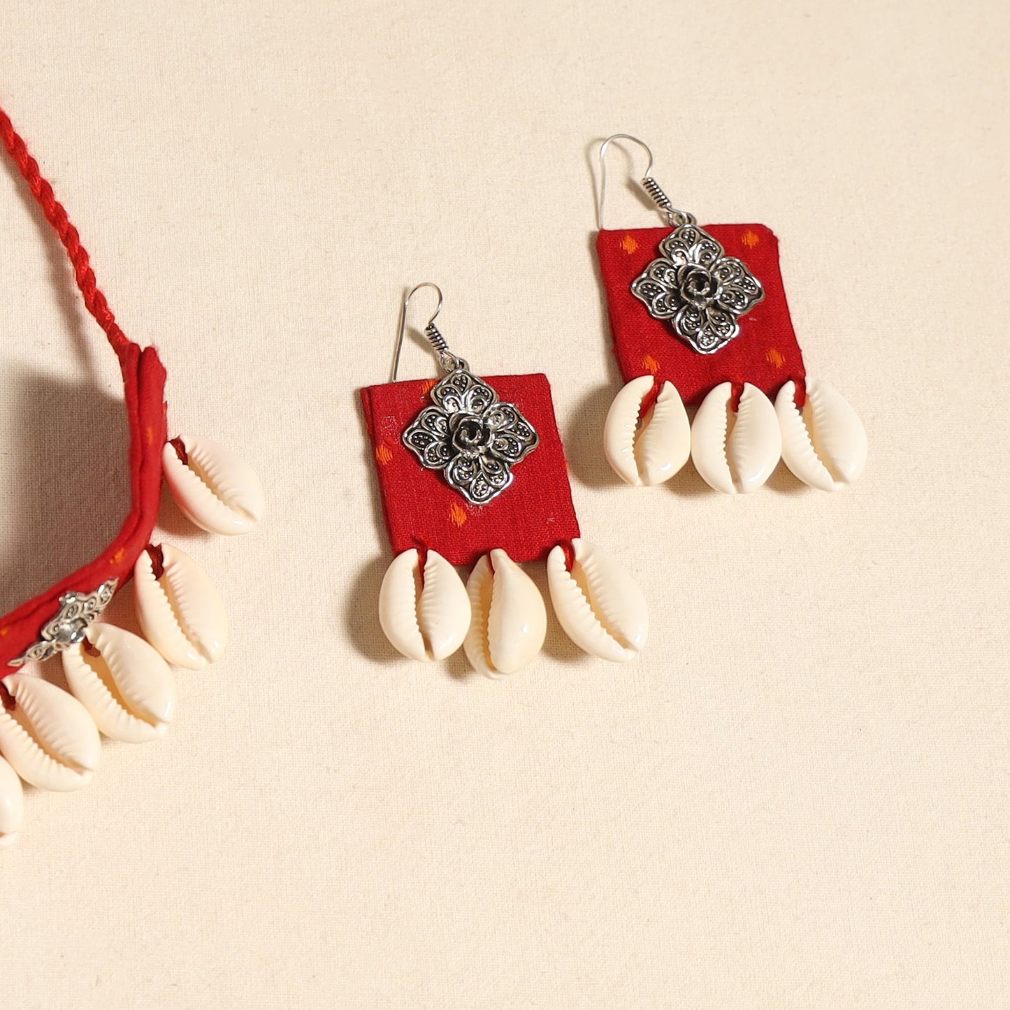 Navratri Special! Red Fabart German Silver & Shell Work Necklace Set