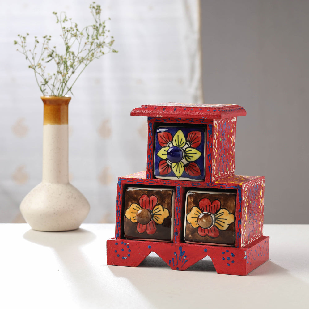 Neem Wood Hand Painted Blue Pottery Ceramic Triple Drawer