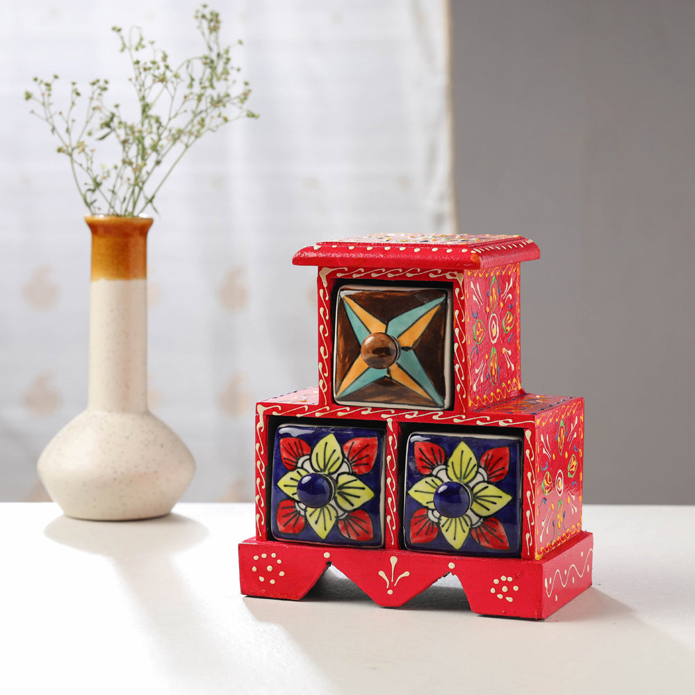 Neem Wood Hand Painted Blue Pottery Ceramic Triple Drawer