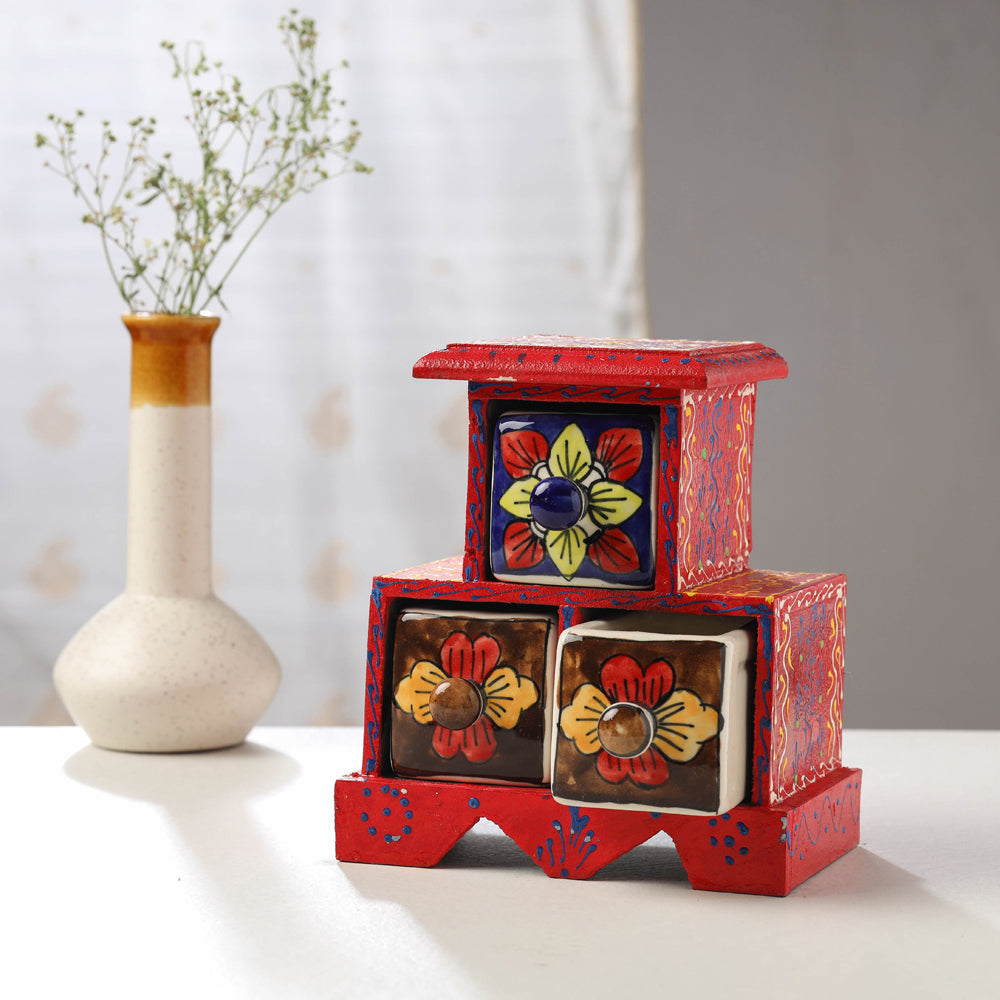 Neem Wood Hand Painted Blue Pottery Ceramic Triple Drawer