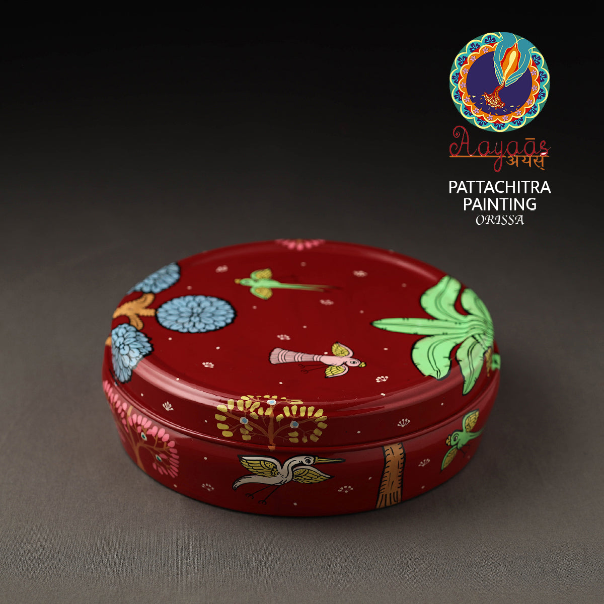 Odisha Pattachitra Red Handpainted Stainless Steel Masala Box (8 x 8 in)