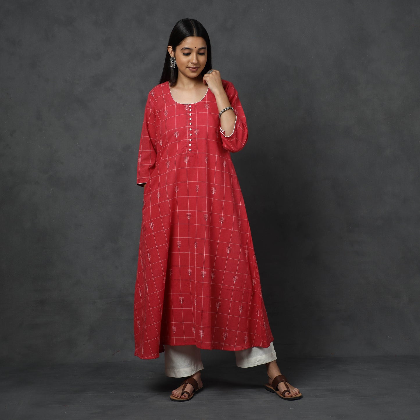 Organic Kala Cotton Handloom Checks Buti Long Kurta for Women