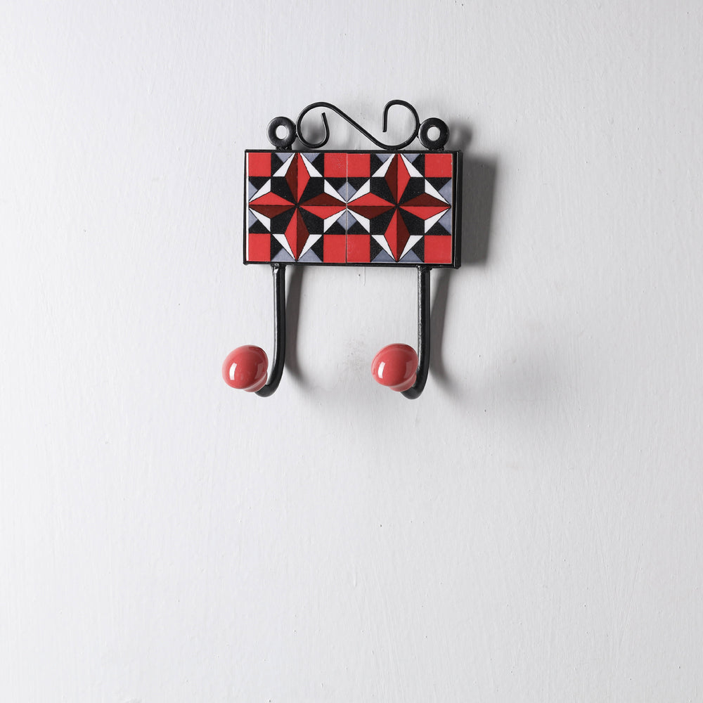 Original Blue Pottery Ceramic Tile Wall Hook Hanger (2 Peg)