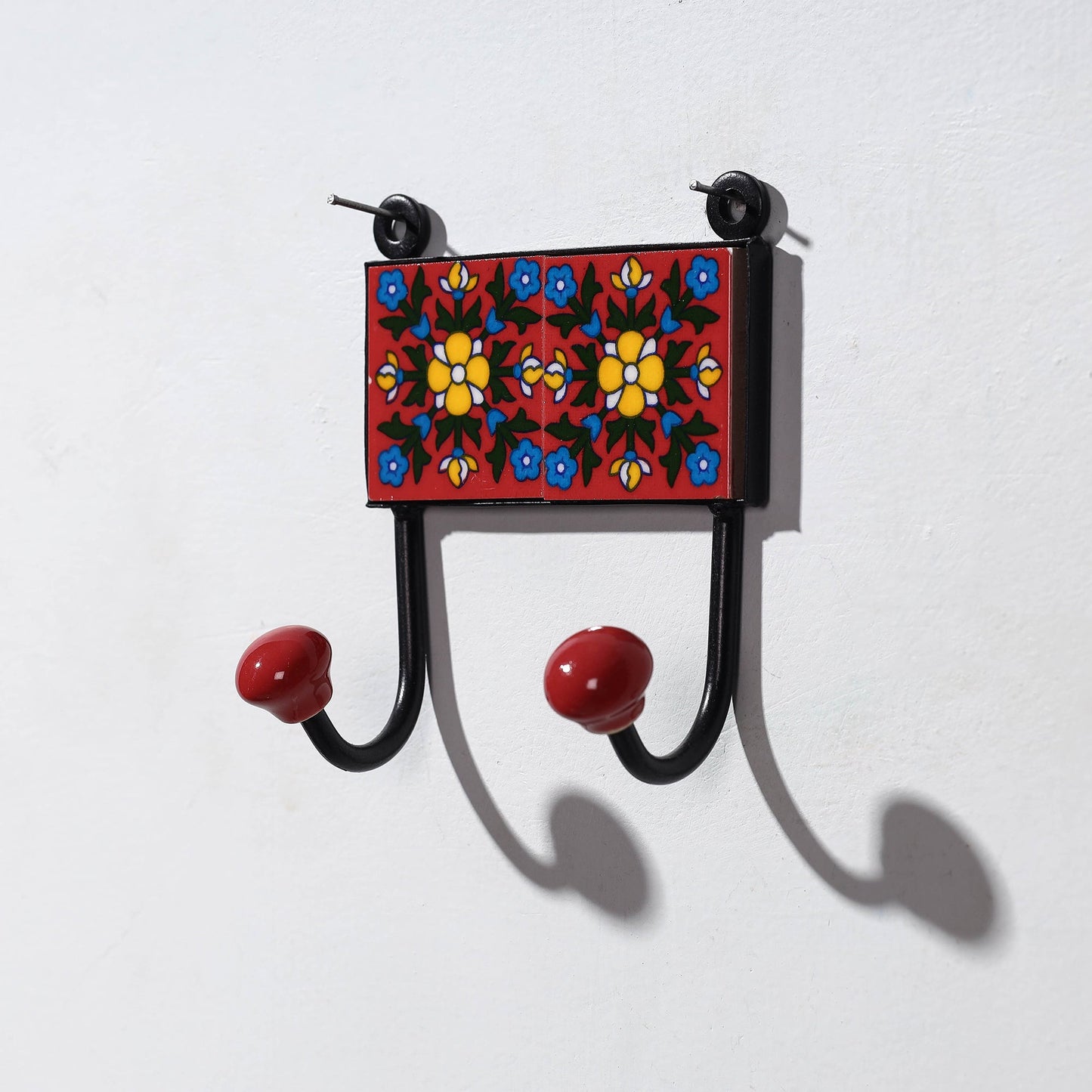 Original Blue Pottery Ceramic Tile Wall Hook Hanger (2 Peg)