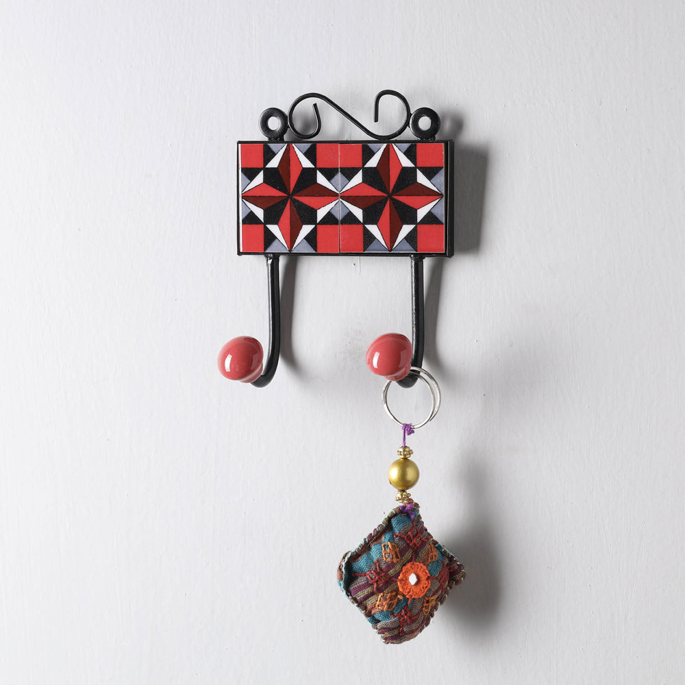 Original Blue Pottery Ceramic Tile Wall Hook Hanger (2 Peg)