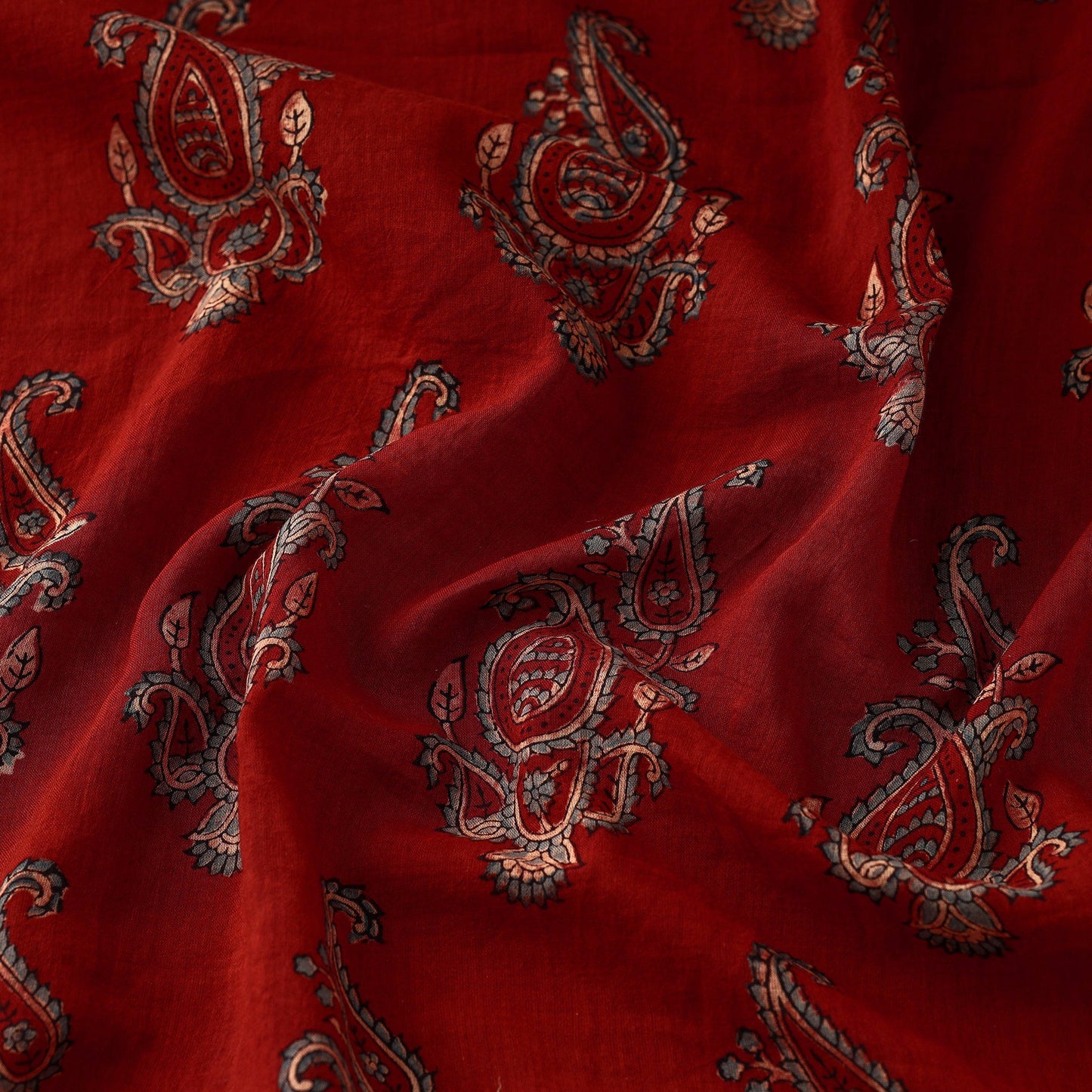 Red Paisley Block Print Mul Cotton Ajrakh Fabric