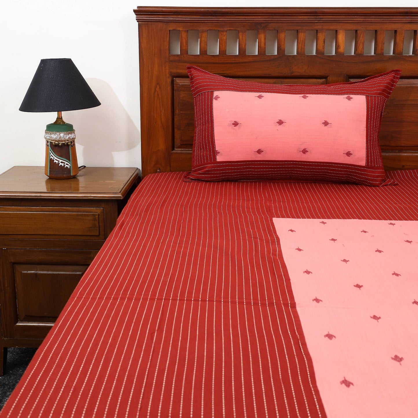 Red Patchwork Cotton Double Jacquard Bed Sheet Set