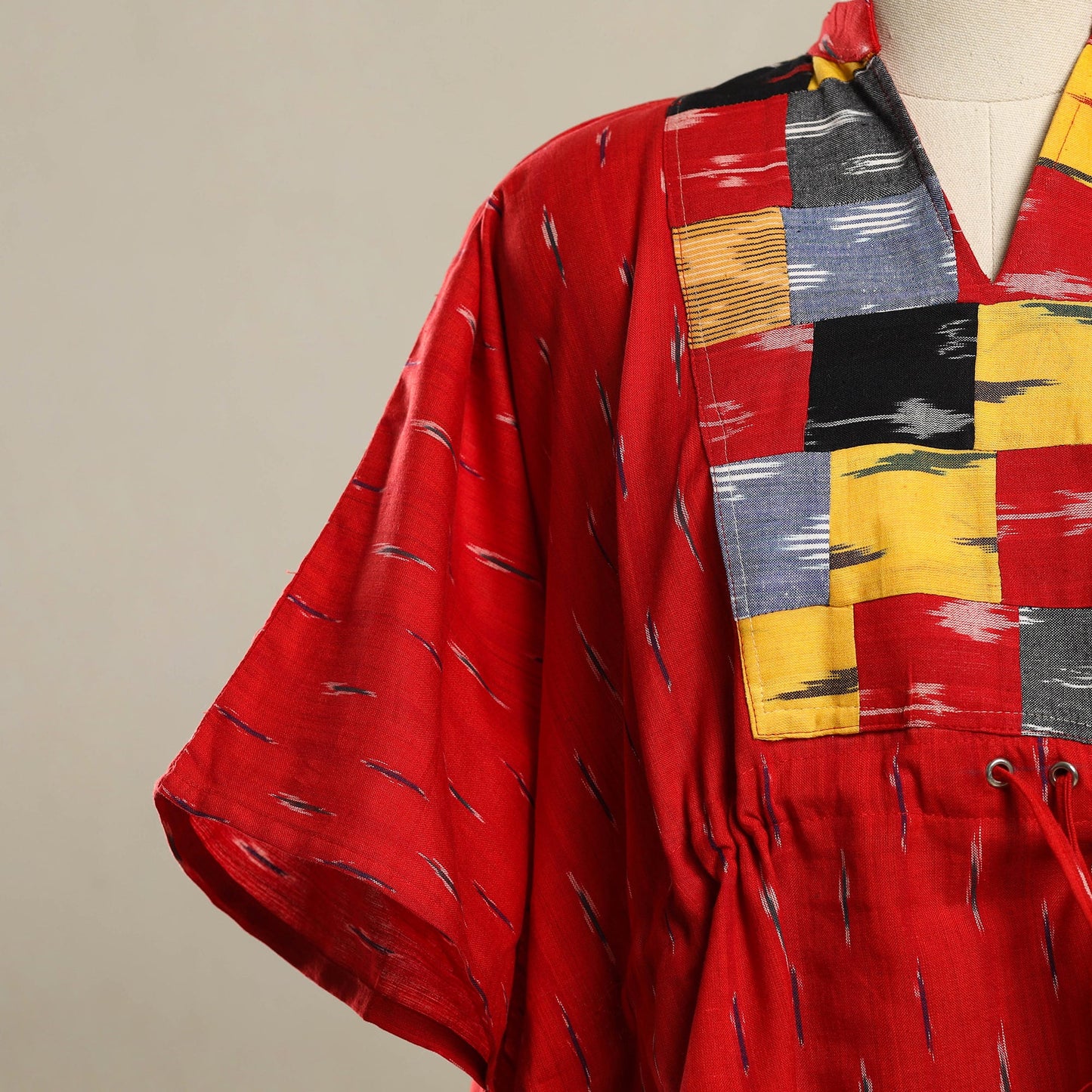 Red - patchwork pochampally ikat cotton kaftan (short) 07