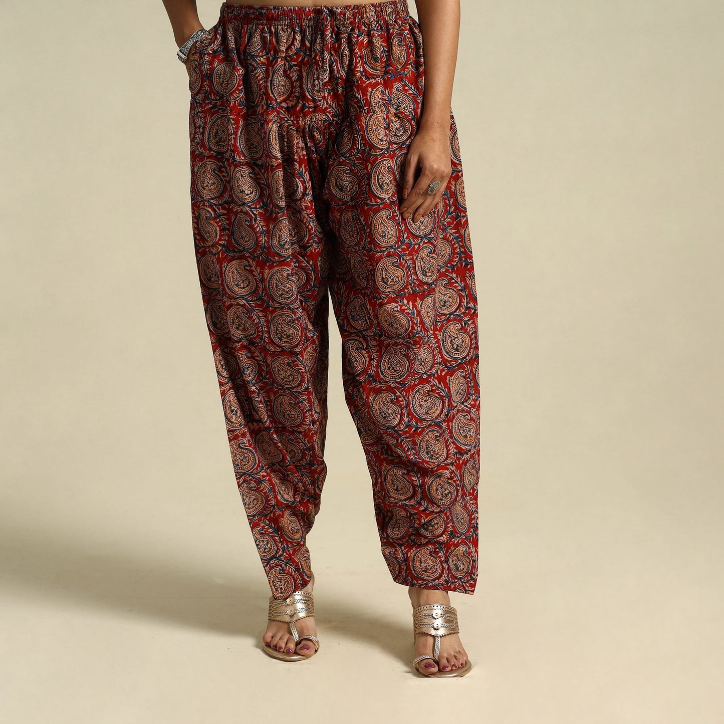 Red Pedana Block Print Cotton Kalamkari Salwar
