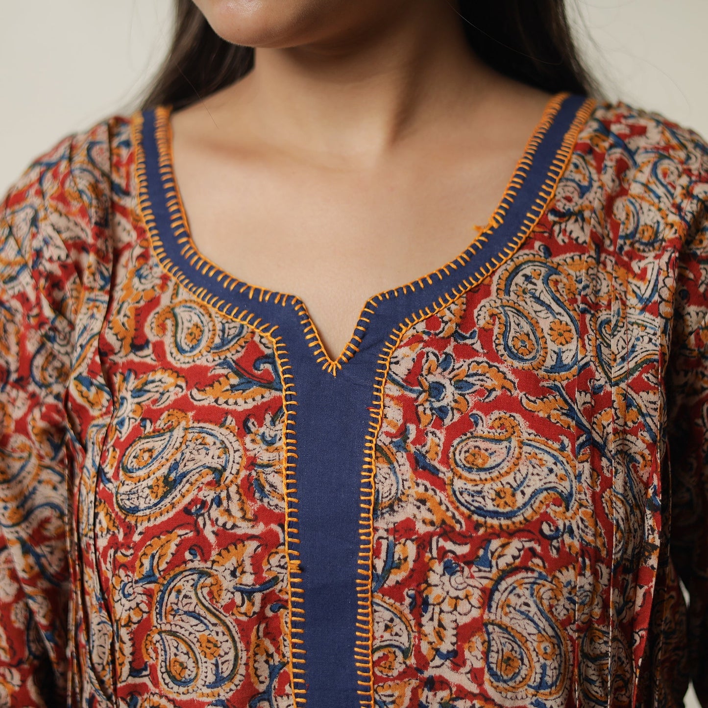 Pedana Block Print Cotton A-Line Red Kalamkari Kurta for Women