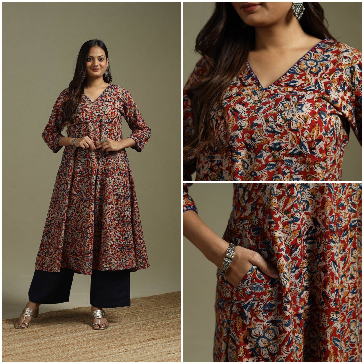 Red - pedana natural dyed cotton hand embroidery a-line