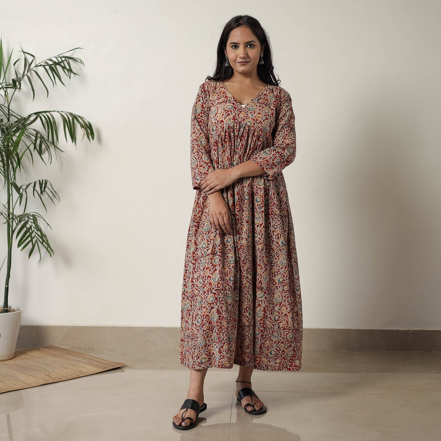 Pedana Kalamkari Block Printed Cotton Flared Dress 06