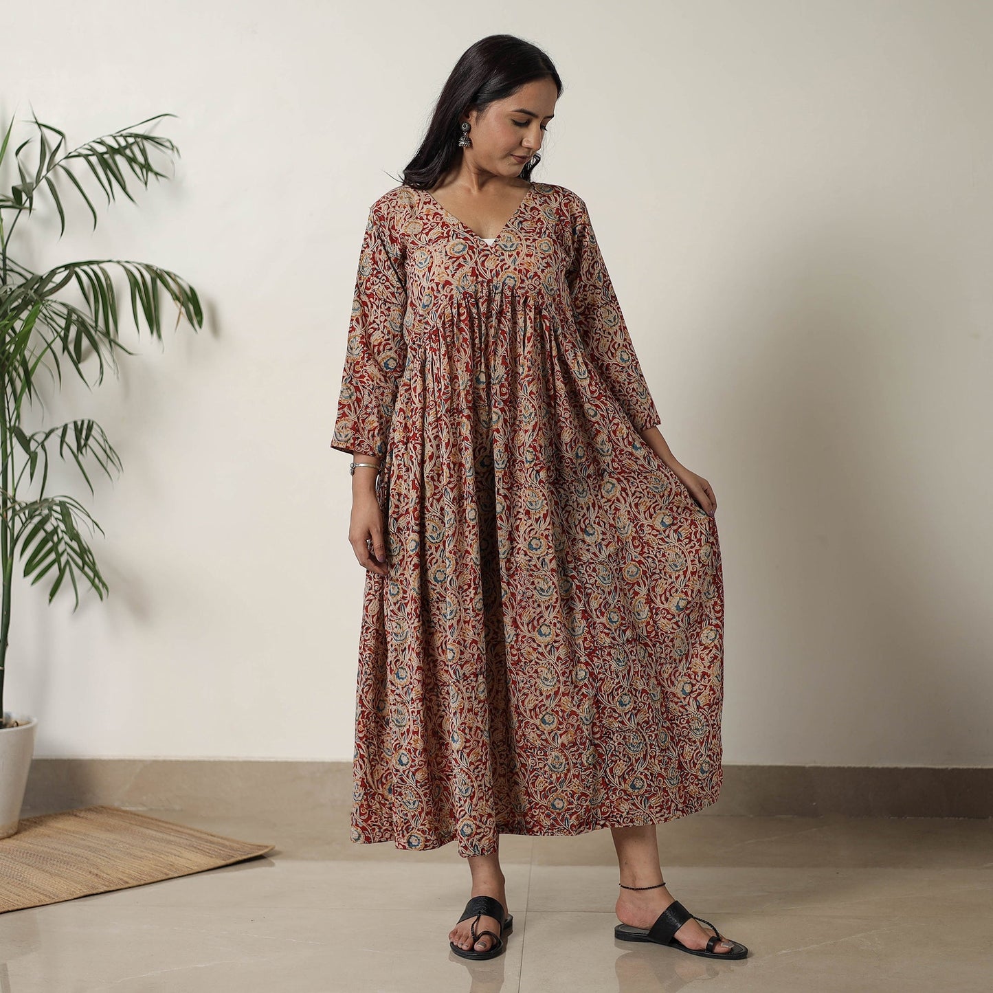 Pedana Kalamkari Block Printed Cotton Flared Dress 06