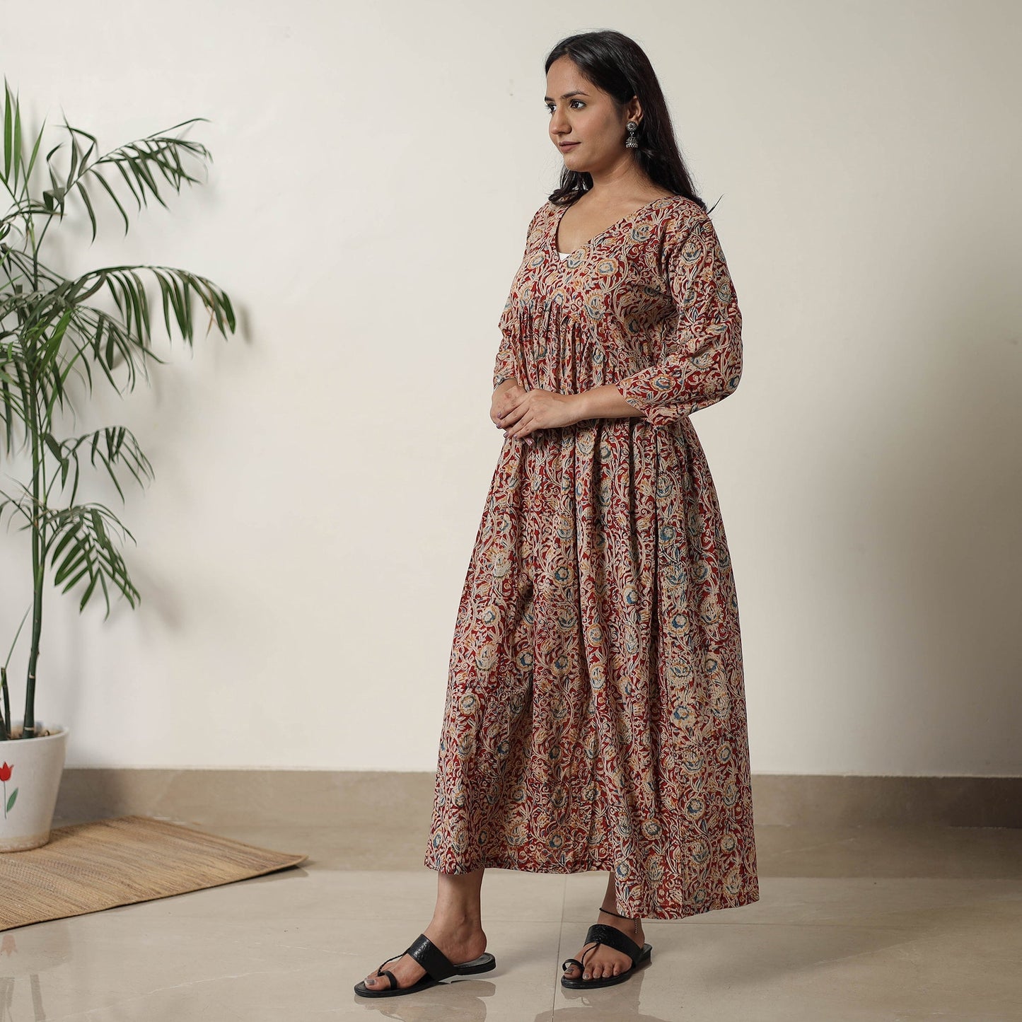 Pedana Kalamkari Block Printed Cotton Flared Dress 06