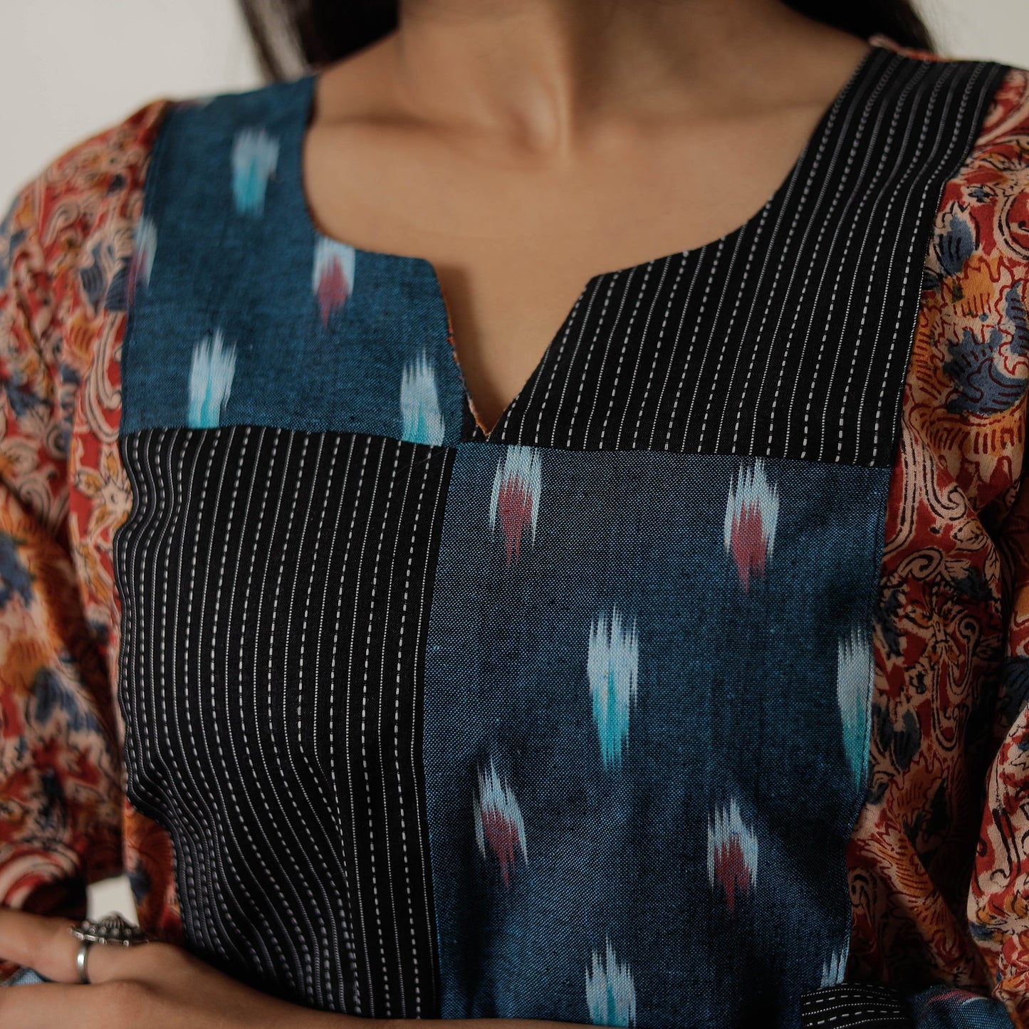 Buy Pedana Kalamkari Block Printed Cotton Straight Kurta with Patchwork 05 Online at iTokri.com