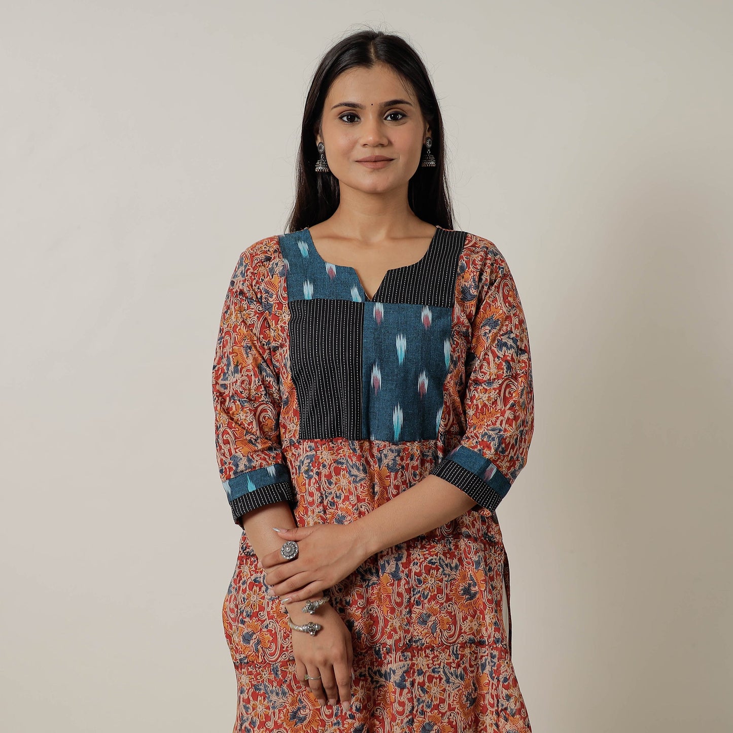 Buy Pedana Kalamkari Block Printed Cotton Straight Kurta with Patchwork 05 Online at iTokri.com