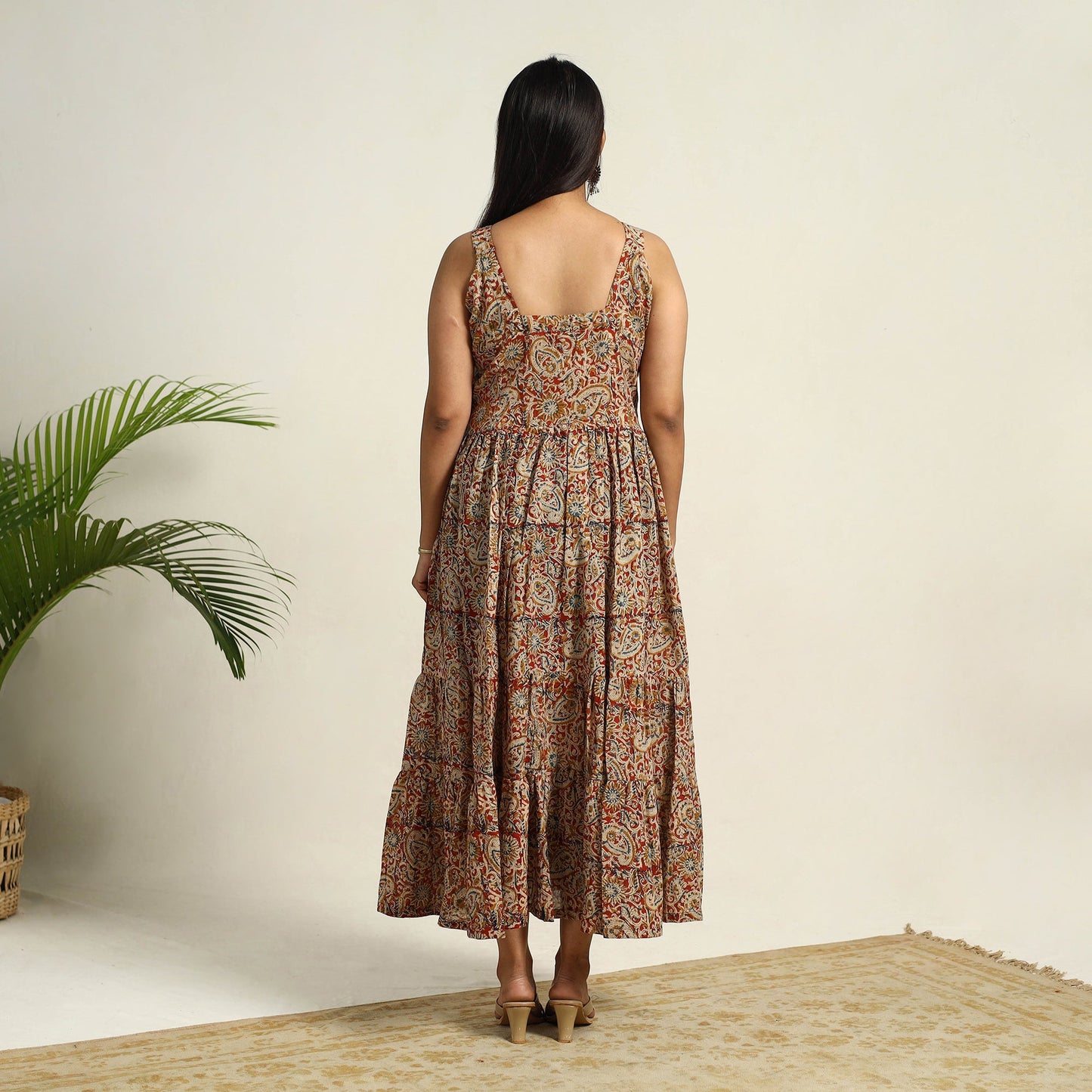 Pedana Block Print Mul Cotton Tiered Red Kalamkari Dress