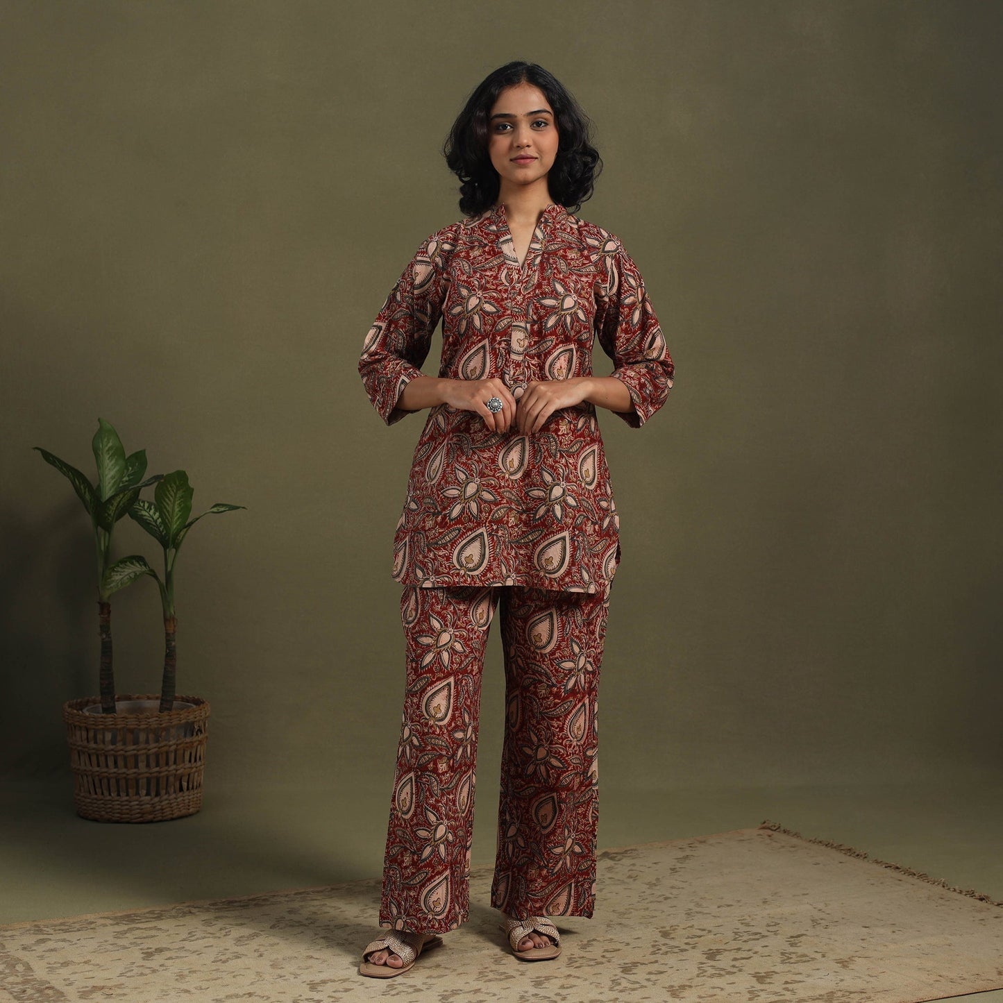 Red Pedana Natural Dyed Block Print Kalamkari Co-ord Set